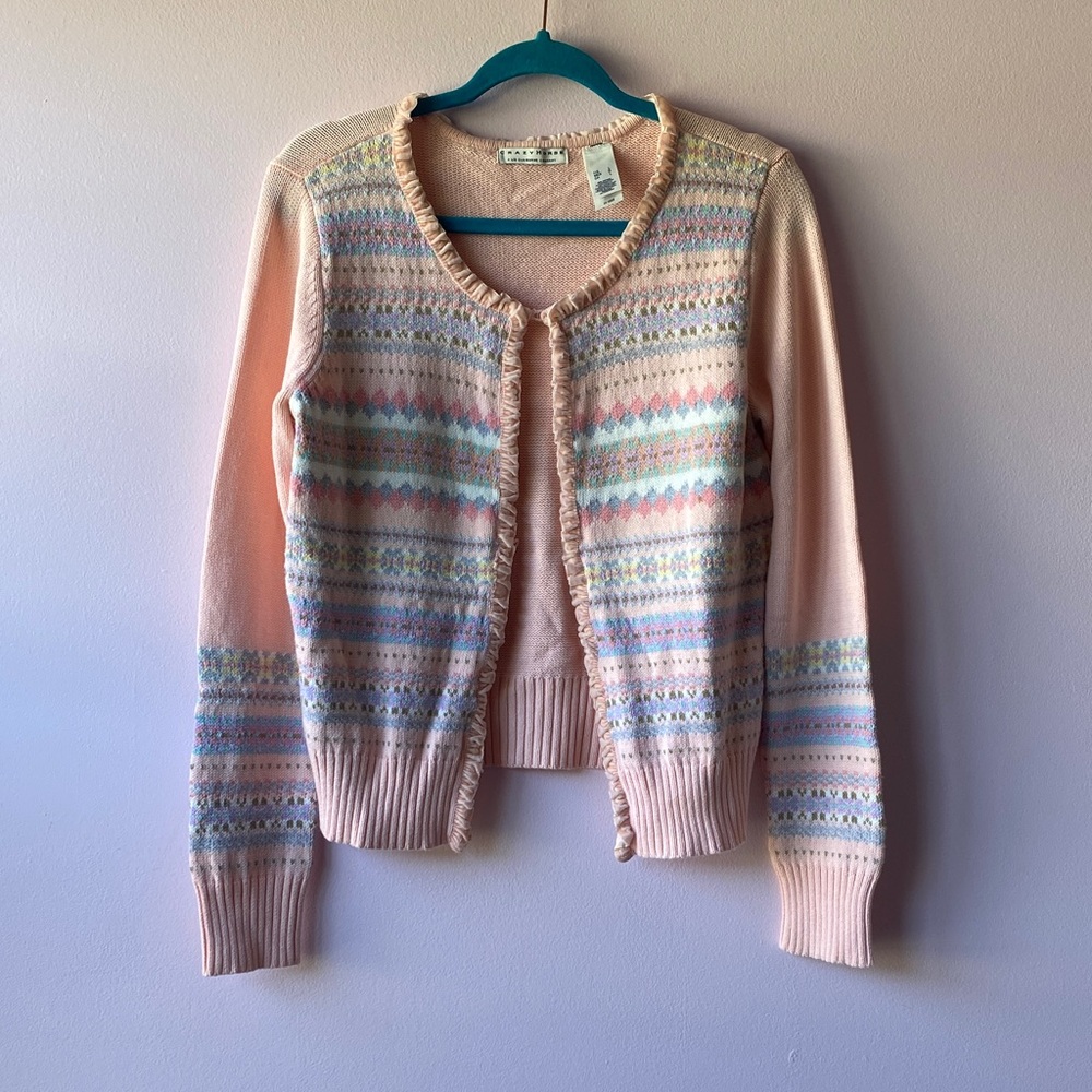 CRAZY HORSE Liz Claiborne Vintage Velvet Ruffle Knit Sweater Cardigan Pink Large